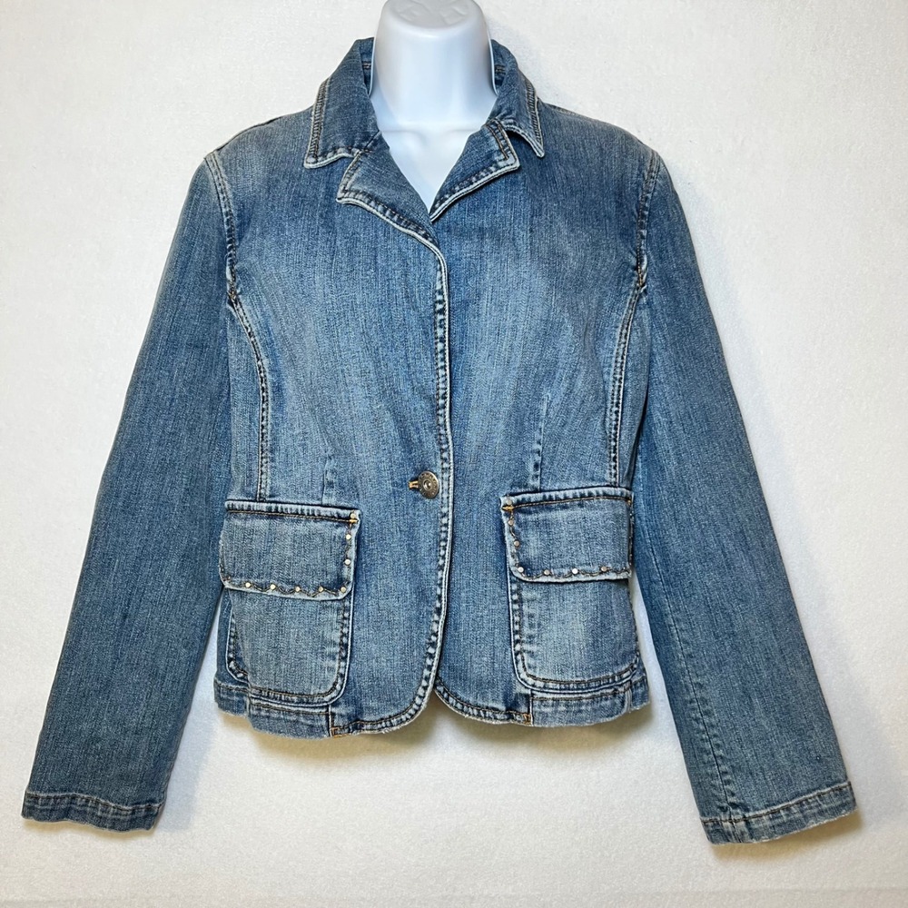 Tommy Hilfiger Y2K Western Preppy Denim Med Wash Studded Pocket Jacket Women L